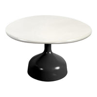 White round tabletop with a sleek black pedestal base, featuring a minimalist design and smooth finish.