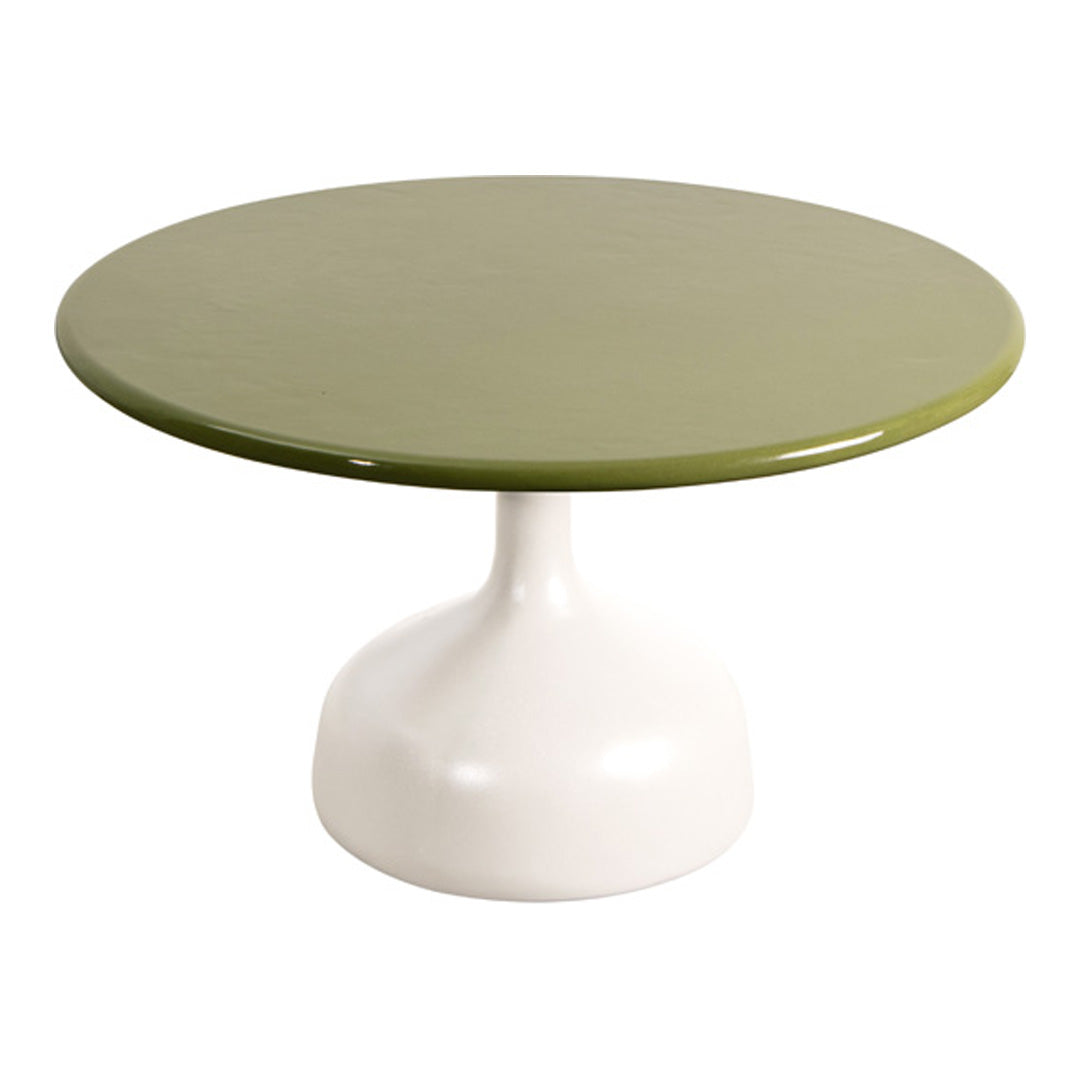 Round table with a glossy olive green top and a smooth white base, perfect for modern decor.