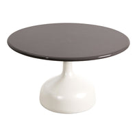 Round table with a sleek gray top and a glossy white base, offering a modern and minimalist design.