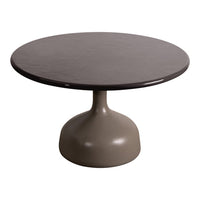 Round coffee table in sleek dark brown with a contrasting light beige pedestal base. Elegant and modern design.