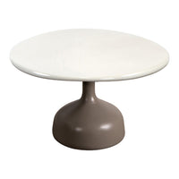 Round table featuring a smooth white top and a modern taupe base, creating a sleek, contemporary look.