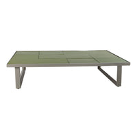 Rectangular coffee table with a sleek, green glass top and a modern silver metal frame. Ideal for contemporary decor.