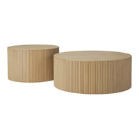 Light natural wood coffee tables with a vertical ribbed pattern, showcasing warm, neutral tones. Perfect for modern decor.
