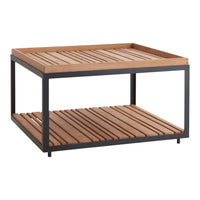 Modern square coffee table with a natural wood finish and sleek black metal frame, featuring slatted design.