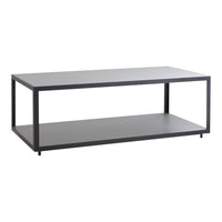 Sleek black coffee table with a minimalist design and clean lines; features a smooth surface and open shelving.