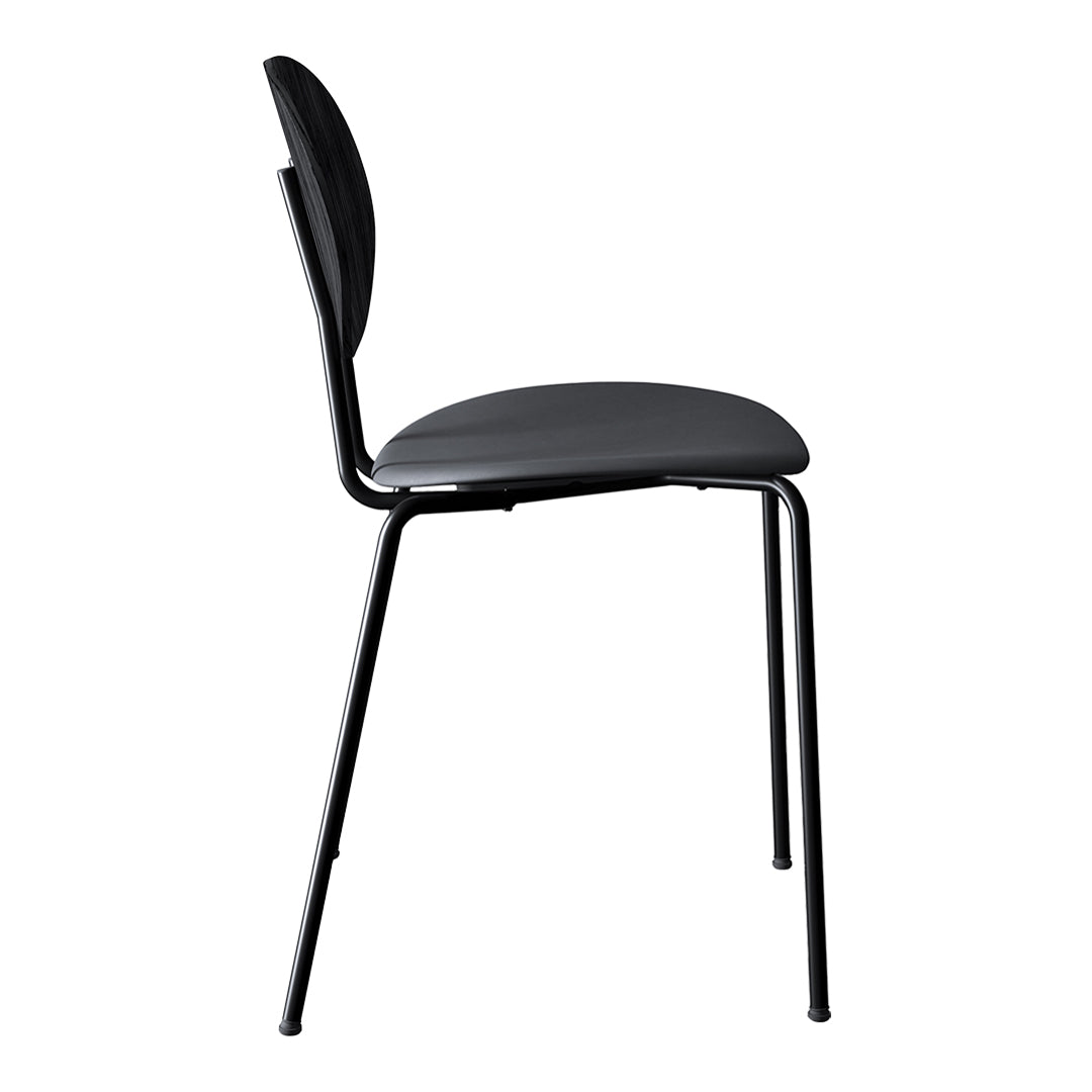 Side view of a sleek black chair with a smooth, minimalist design and matte finish for modern interiors.