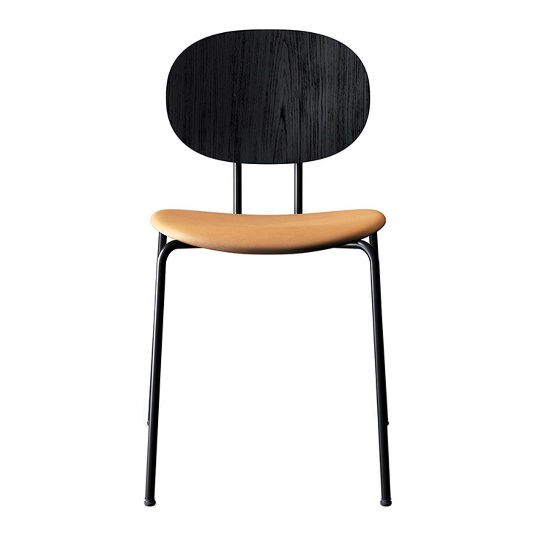 Black chair with a smooth oval back and a warm tan seat, featuring minimalist design and sleek metal legs.
