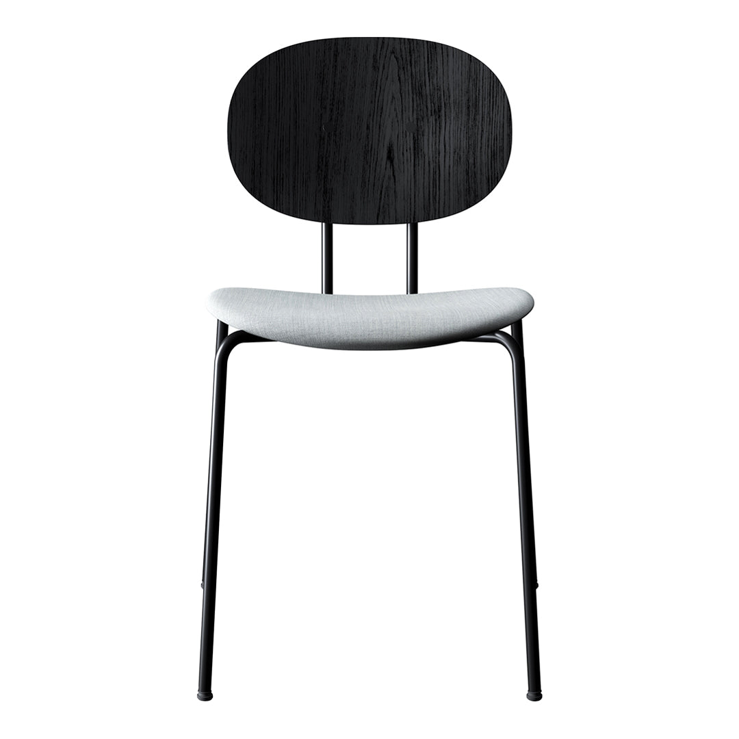 Minimalist black wood chair with a curved backrest and light grey upholstered seat. Sleek metal legs.