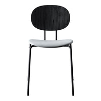 Minimalist black wood chair with a curved backrest and light grey upholstered seat. Sleek metal legs.