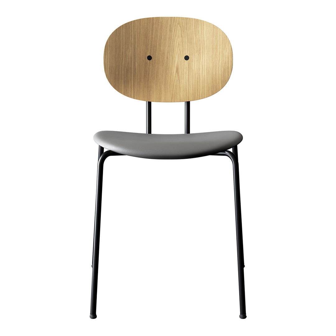 Modern chair featuring a natural wood backrest, grey seat cushion, and sleek black metal legs. Minimalist design.