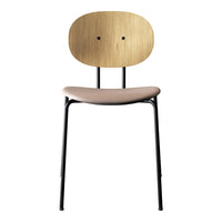 Wooden backrest with light beige seat and black legs, featuring a modern, minimalist design.