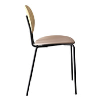 Modern chair featuring a soft beige seat, natural wood backrest, and sleek black metal legs for a stylish look.