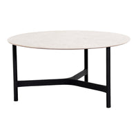 Round coffee table with a smooth white marble top and sleek black metal legs. Modern, minimalist design perfect for any decor.