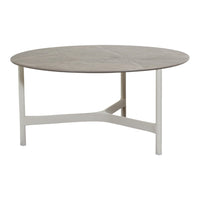 Round coffee table with a light gray wood top and a white metal base, featuring a simple, modern design.