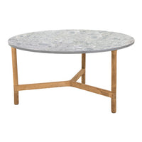 Round coffee table featuring a gray stone top with natural patterns and a light wooden base.