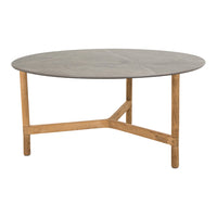 Round table with a smooth gray top and natural wood legs, featuring a minimalist design and contemporary style.
