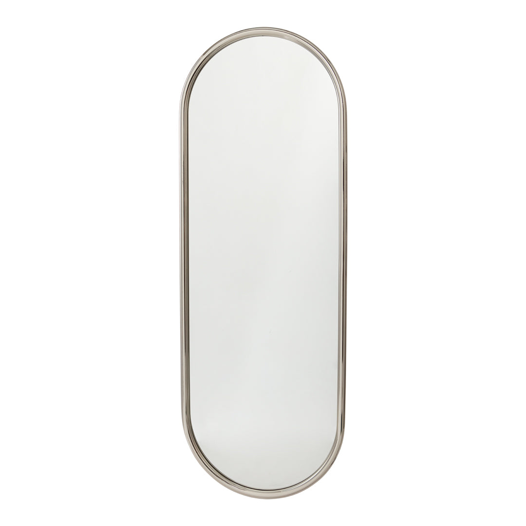 Sleek oval mirror with a minimalistic silver frame and a clear reflective surface.