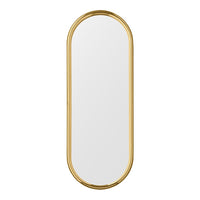 Gold oval-framed mirror with a sleek, minimalistic design and a clear reflective surface. Perfect for modern decor.