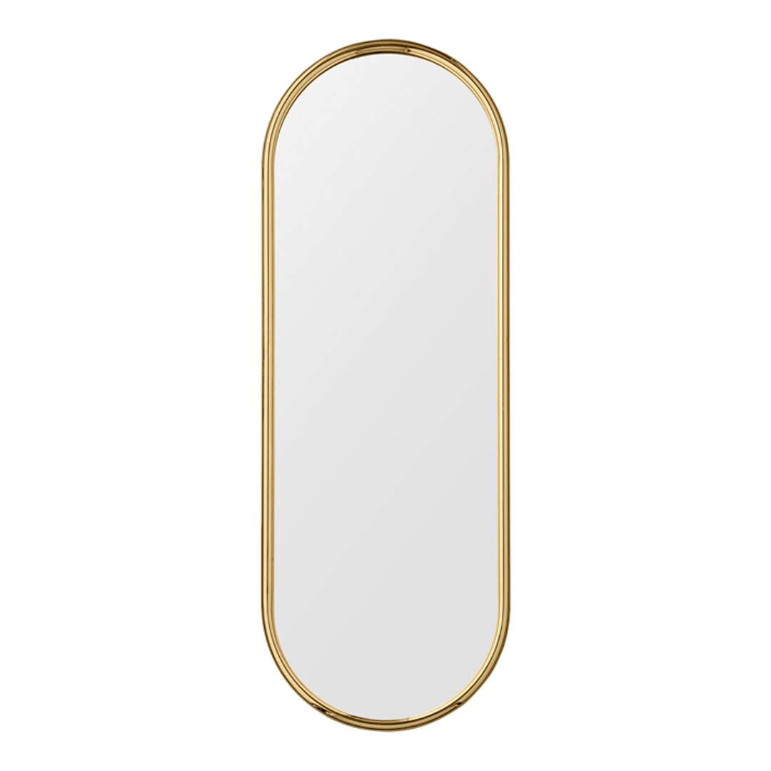 Full-length oval mirror with a sleek, gold frame and a smooth, reflective surface. Perfect for modern decor.