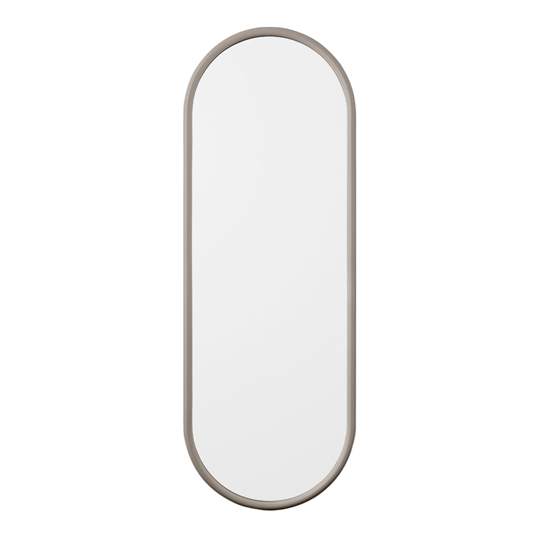 Sleek oval mirror with a minimalist design and soft beige frame, perfect for modern decor.