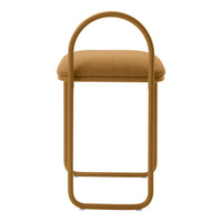 Modern bar stool with a warm caramel seat and sleek matte brown frame, featuring a simple and stylish design.