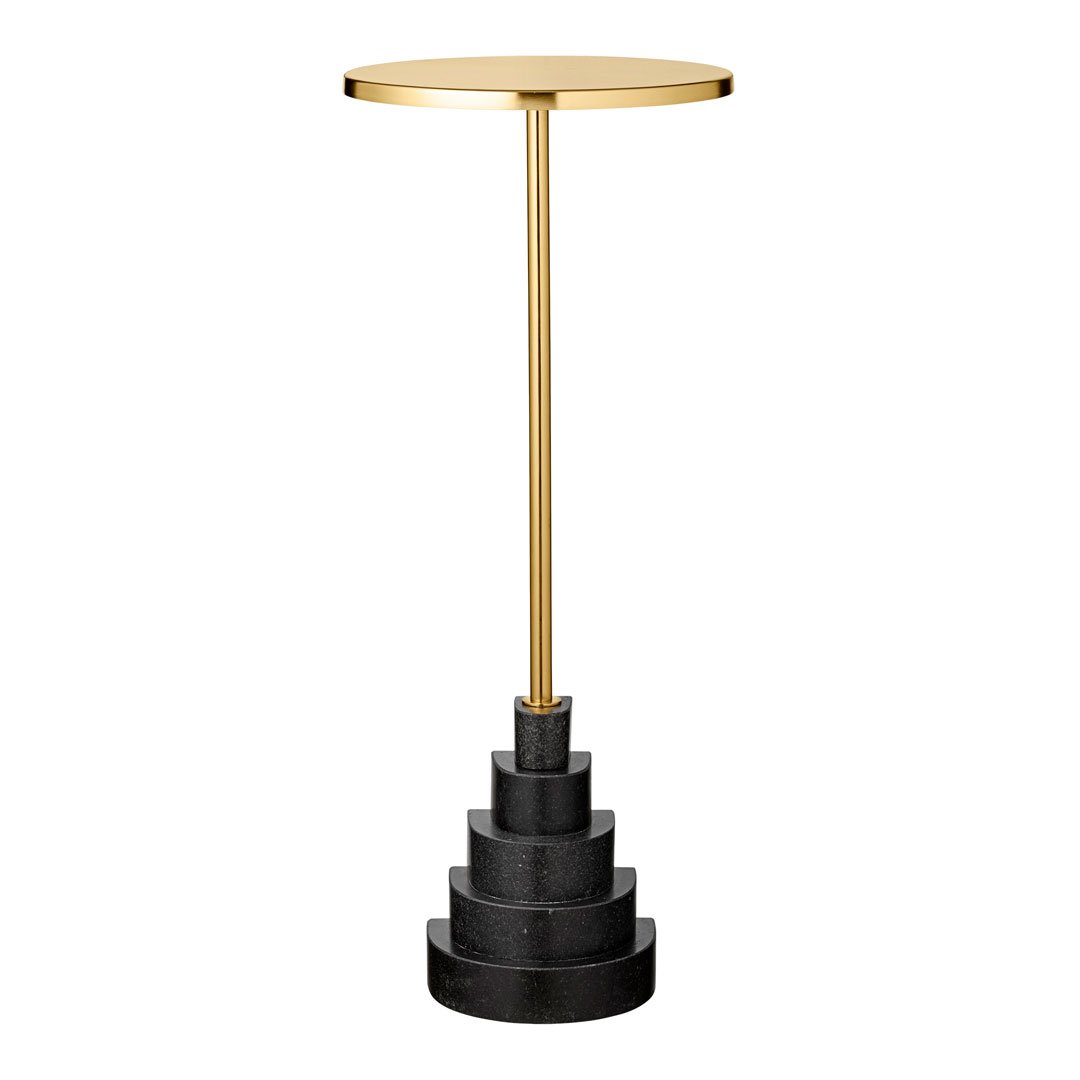 Elegant gold tabletop on a sleek black tiered base, perfect for modern décor.