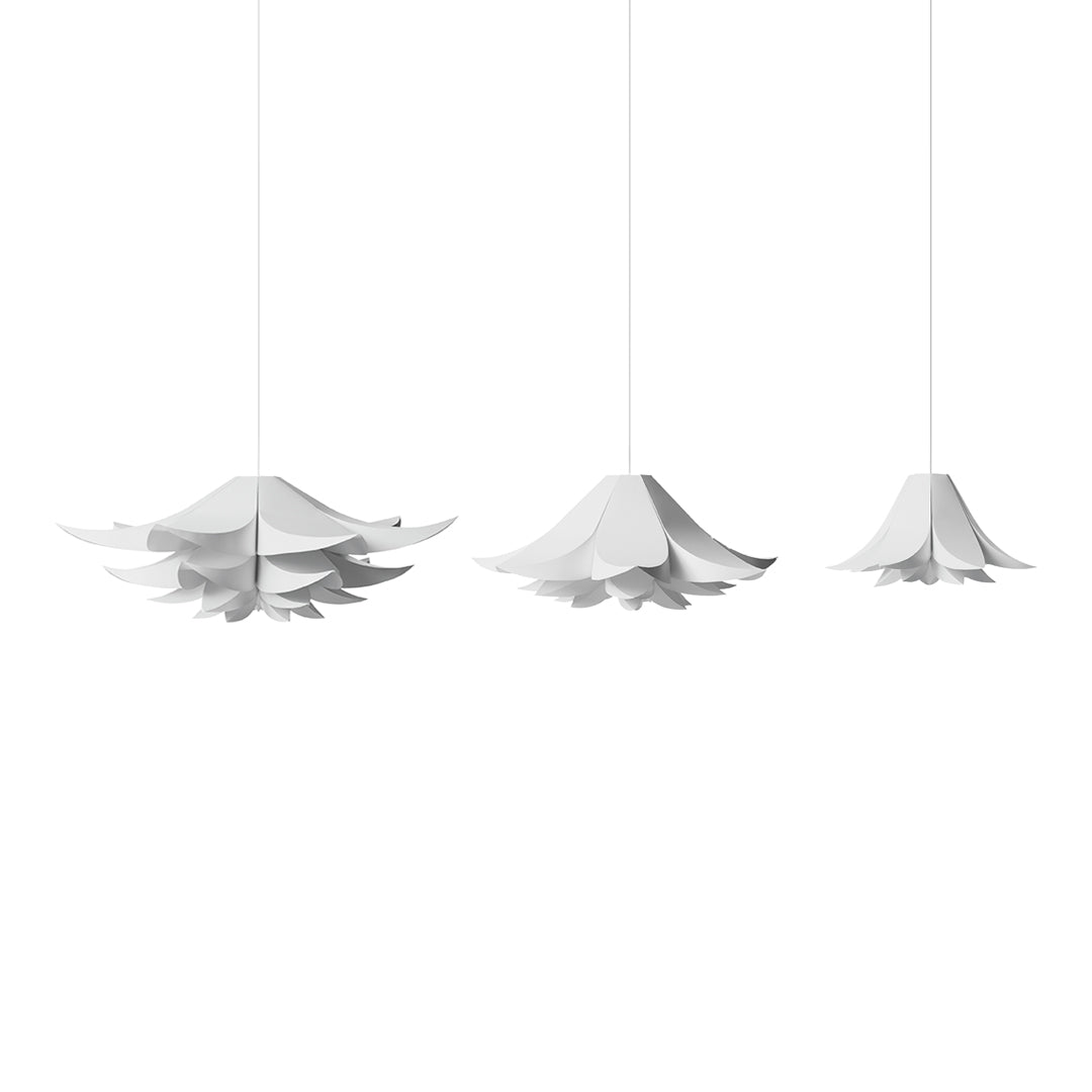 White hanging lamps with layered petal-like patterns, creating a sleek and modern aesthetic.