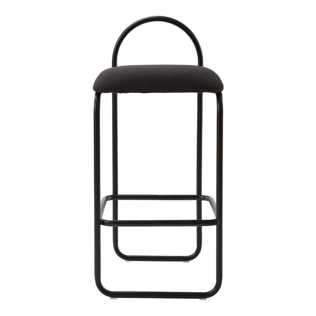 Black bar stool with a sleek metal frame and minimalist design, featuring a solid black upholstered seat.