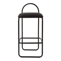Black bar stool with a sleek metal frame and minimalist design, featuring a solid black upholstered seat.