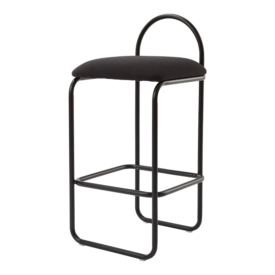 Black upholstered counter stool with a minimalist black metal frame and rounded backrest.