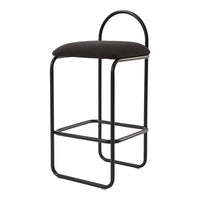 Black upholstered counter stool with a minimalist black metal frame and rounded backrest.