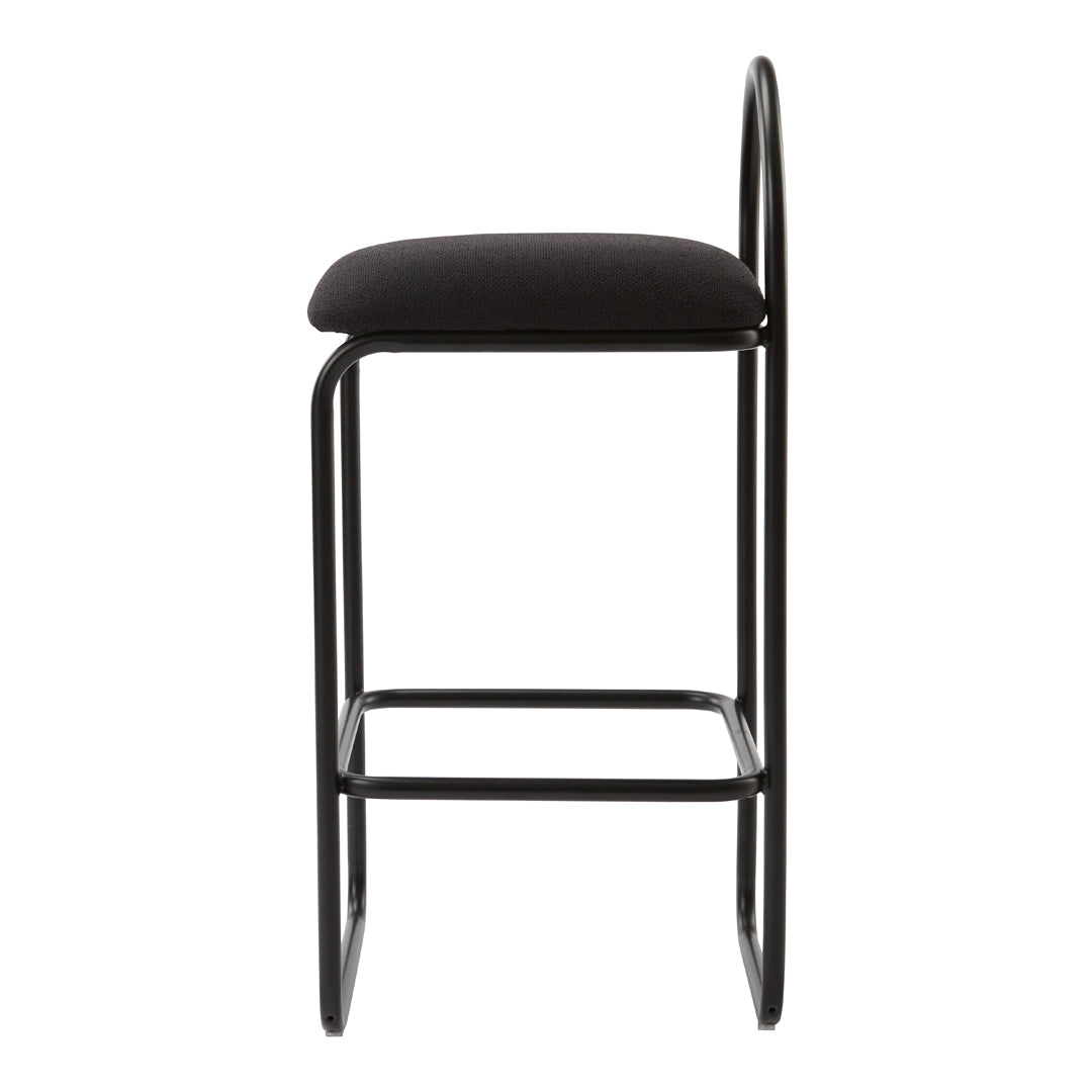 Modern black bar stool with a simple design and upholstered seat, featuring a sleek metal frame. Perfect for contemporary spaces.