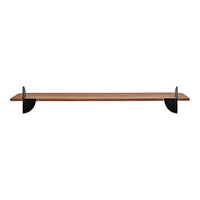 Wooden shelf in warm brown with sleek black metal brackets, minimalistic design for a modern aesthetic.