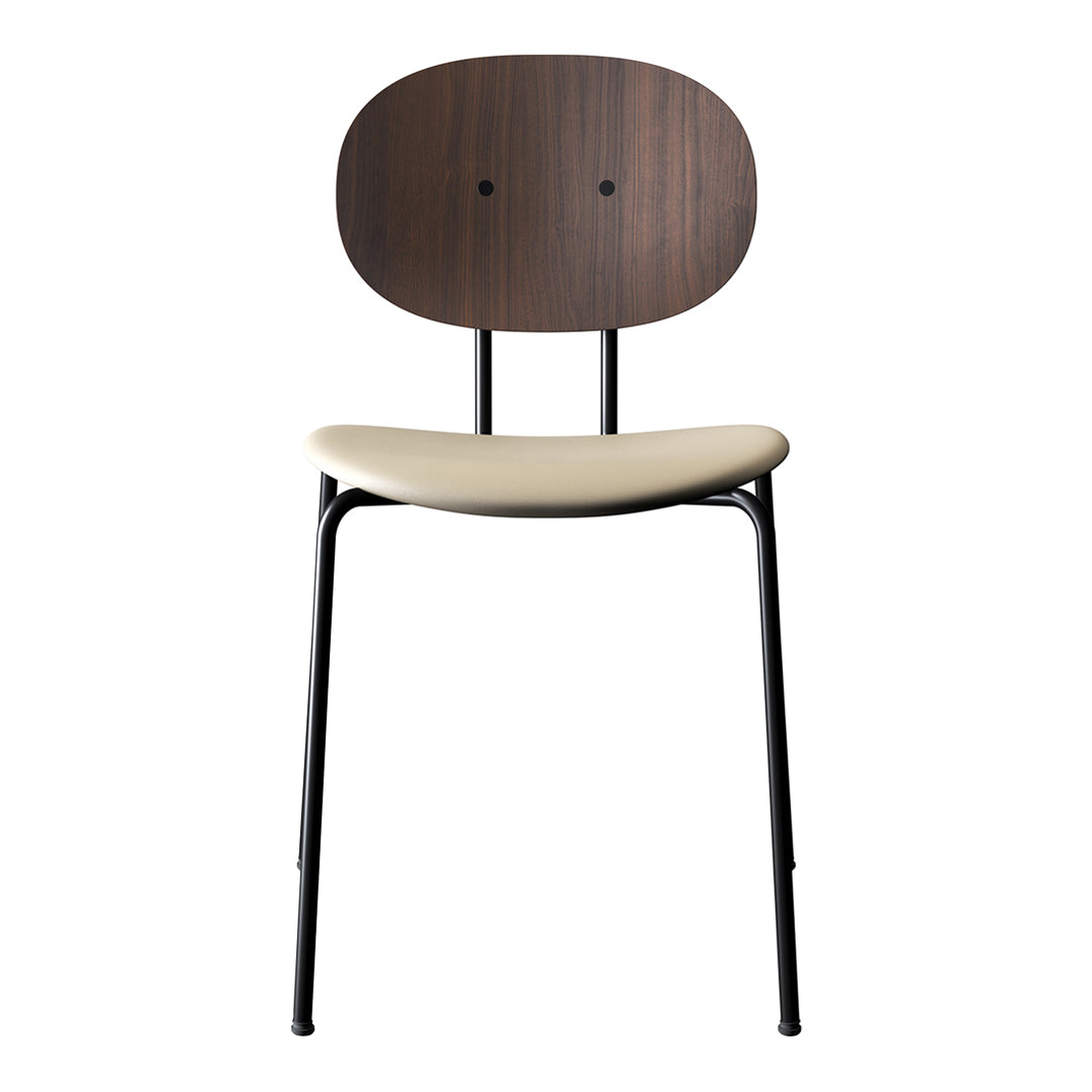 Modern chair featuring a dark wood backrest, cream seat, and sleek black metal legs for a stylish contrast.