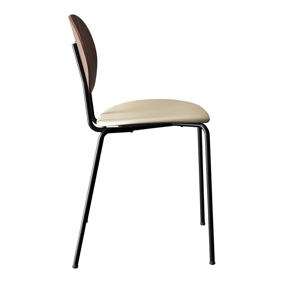 Side view of a modern chair with a brown backrest, cream seat, and sleek black metal legs.