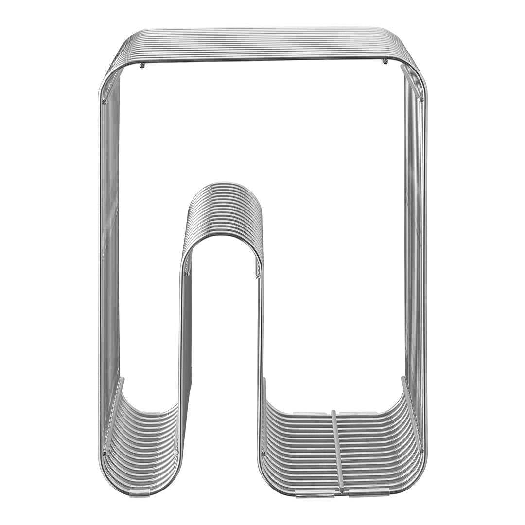 Stylish silver metal magazine holder with a sleek, modern design featuring clean lines and minimalistic patterns.