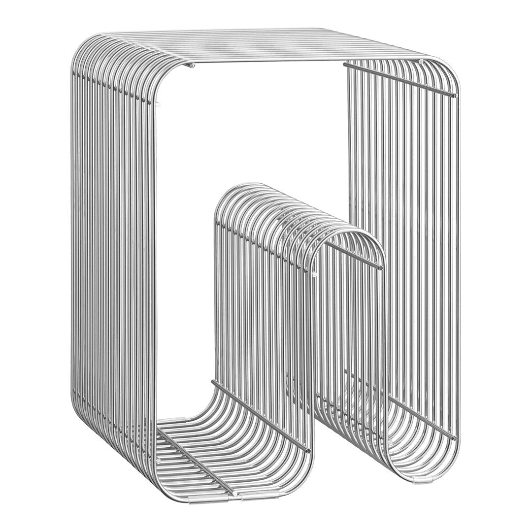 Modern silver wire table with a sleek, minimalist design and unique curved pattern. Ideal for contemporary decor.