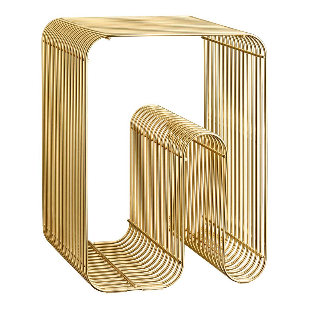 Gold metal side table with sleek line design and open geometric patterns, perfect for modern decor.