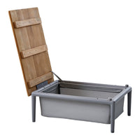 Gray metal storage box with a wooden lid, featuring natural wood grain and simple, clean lines. Perfect for outdoor use.
