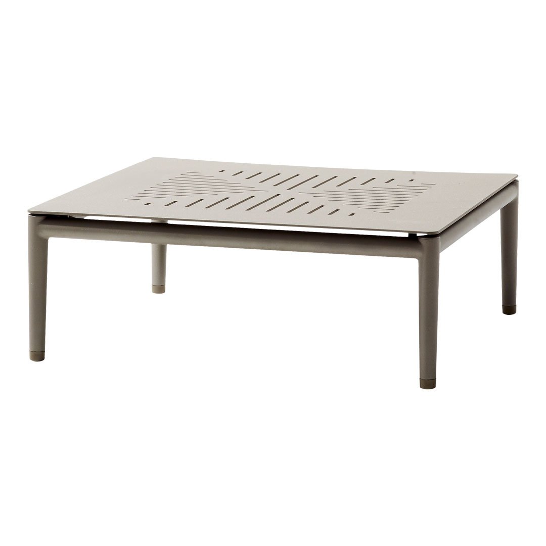Light gray rectangular coffee table with a perforated patterned top and sleek, minimalist design.