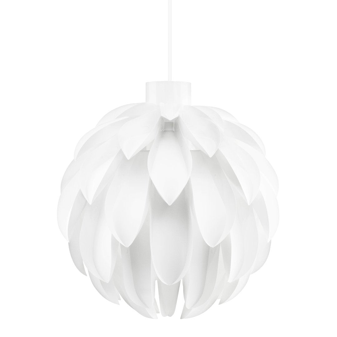 White pendant lamp with a layered flower petal design, creating a modern and elegant pattern. Perfect for brightening spaces.