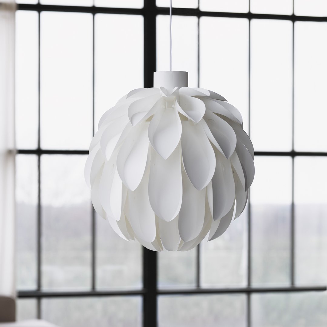 White pendant light featuring layered petal design, creating an elegant, modern look with a sleek finish.