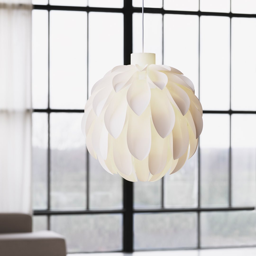 White pendant light featuring layered petal design, perfect for modern decor with a soft, elegant touch.