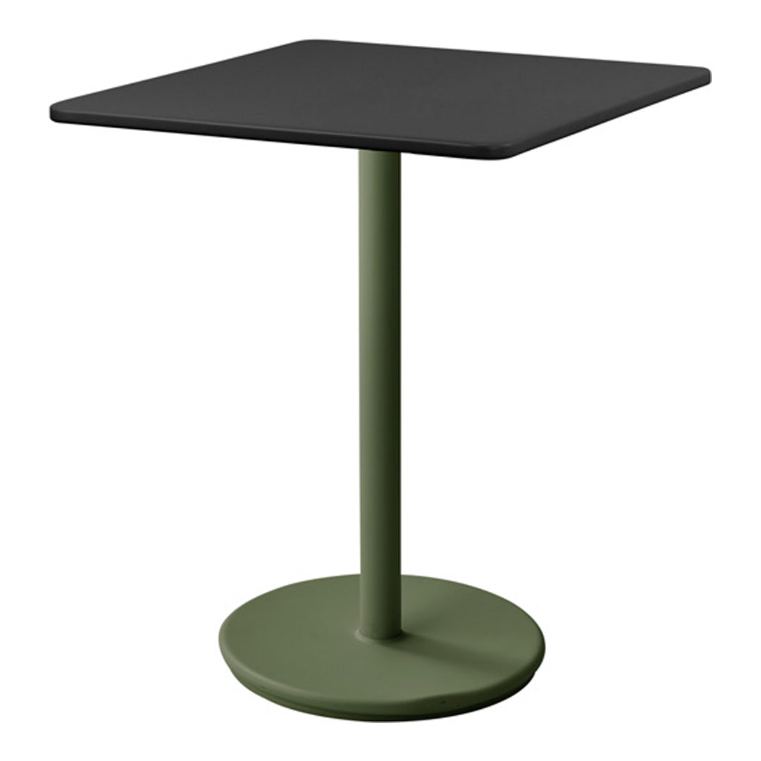 Black square tabletop with green pedestal base, featuring a sleek, modern design. Perfect for contemporary decor.