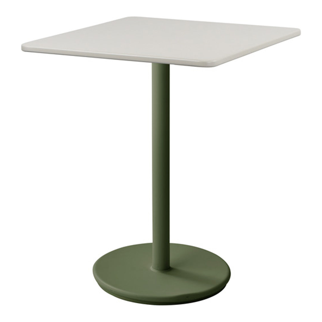 Square table with a light gray top and olive green base, featuring a minimalist design and clean lines.
