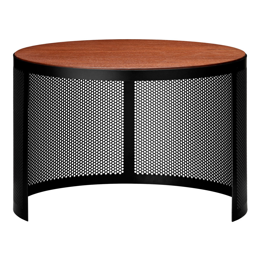 Round coffee table with a warm wood top and black perforated metal base. Modern and stylish design for any living space.