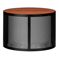 Round coffee table with a wooden top and black perforated metal base in a modern design.