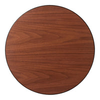 Round wooden table top in rich walnut finish with smooth, natural wood grain pattern. Ideal for modern decor.