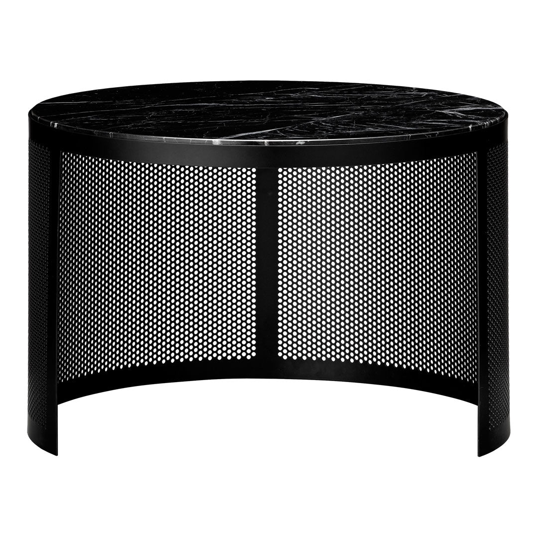 Black round coffee table with a sleek, perforated design and a polished marble top. Modern and minimalist aesthetic.