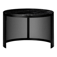 Black round coffee table with a sleek, perforated design and a polished marble top. Modern and minimalist aesthetic.